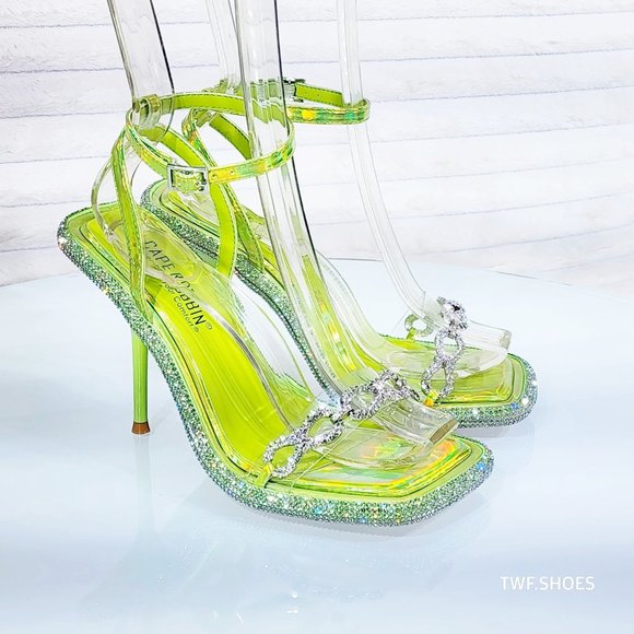 Mini .5" Rhinestone Platform Lime Green Hologram Upper Wrap Strap Heels Baily - Picture 13 of 17